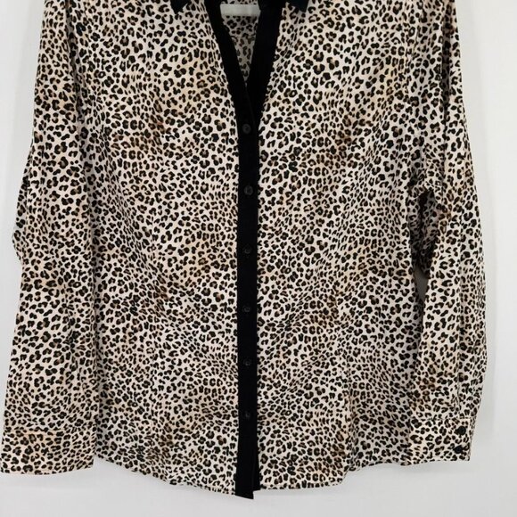 Chicos 2 Leopard Print Button-Up no iron Shirt Womens Size large Black Collar Co - Picture 4 of 11